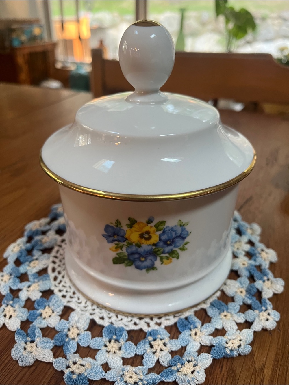 Vintage Kaiser Germany Porcelain Covered Bowl Pansy Floral Fold Trim